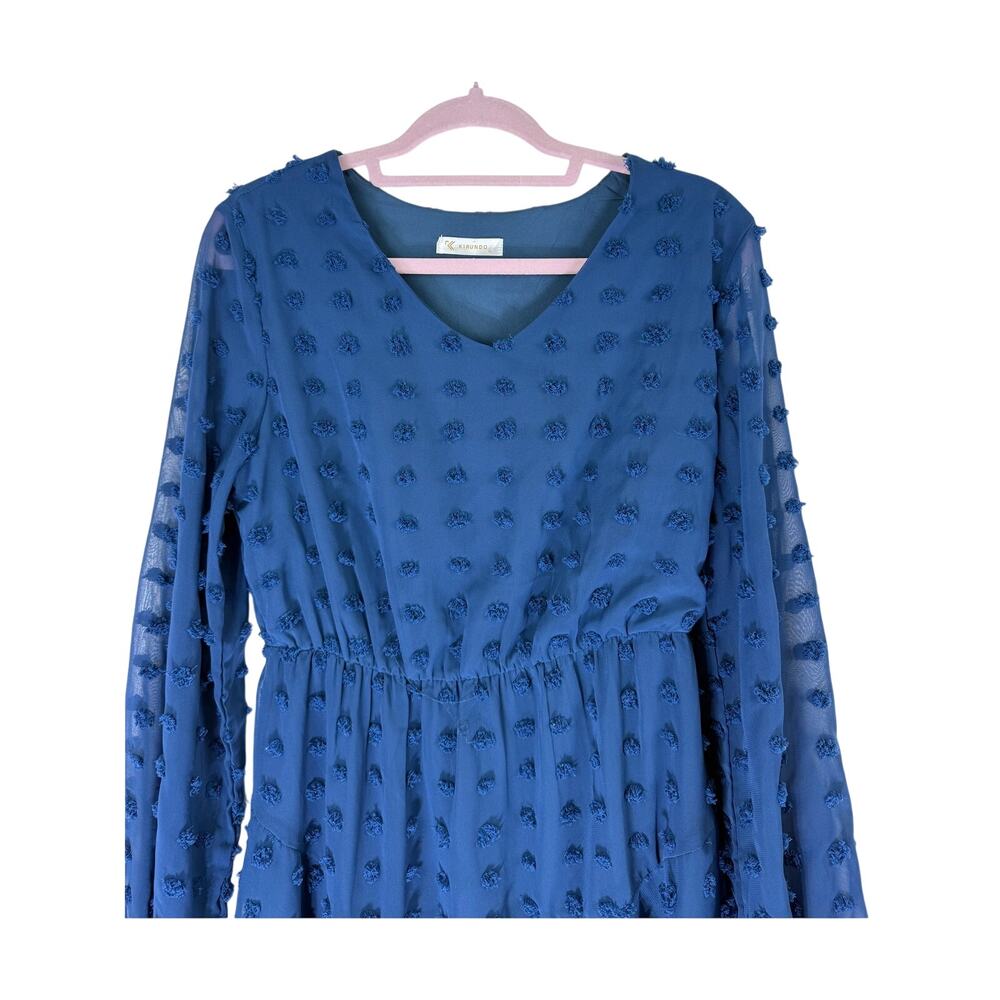 Kirundo Blue Long Sleeve V-neck Swiss Dot High Waist Chiffon Mini Dress Size M - Picture 3 of 10